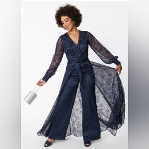 Unique Vintage Navy Sparkle Lace Jumpsuit & Skirt Overlay NWT L